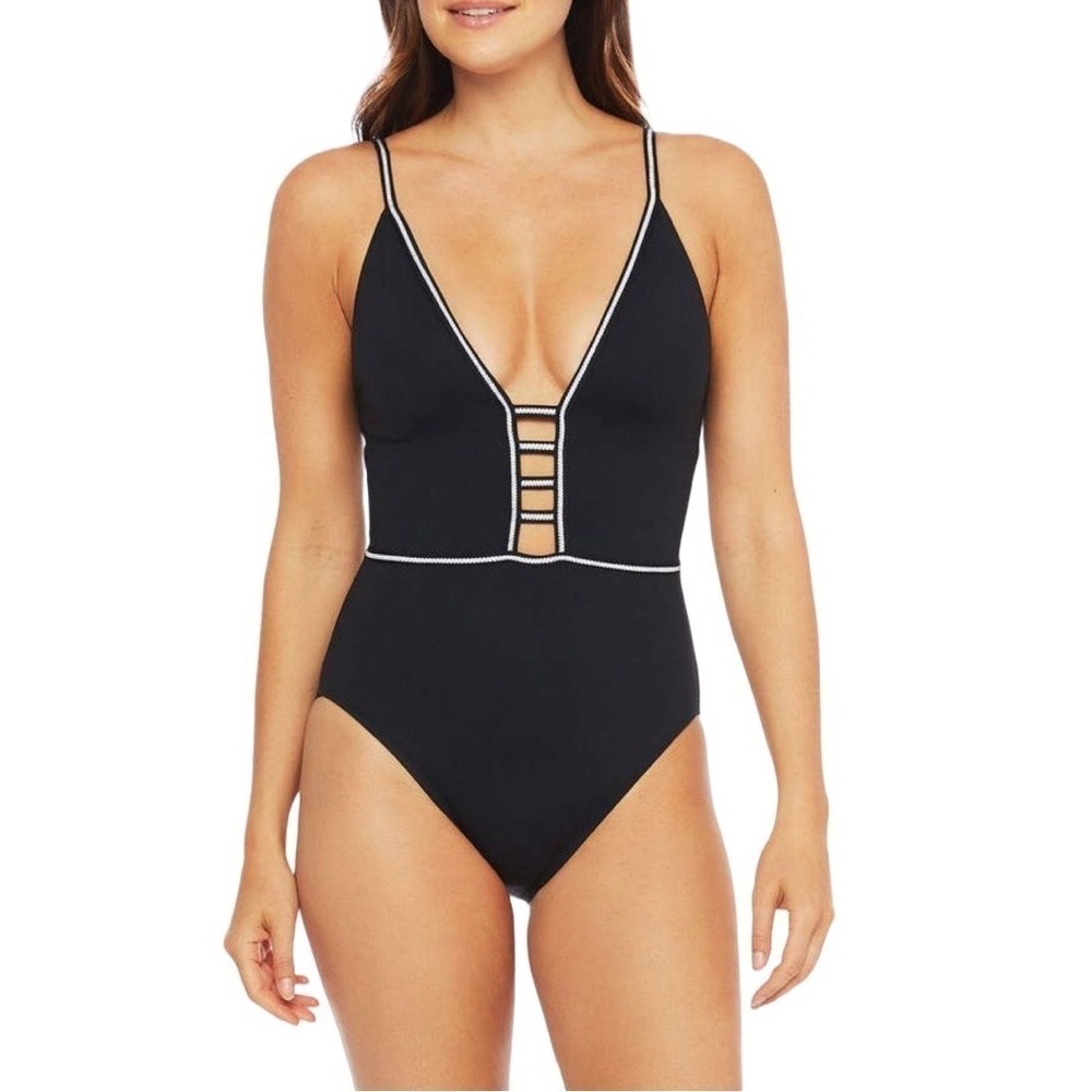 La Blanca Plunging Strappy Mio One Piece Swimsuit in Black 10